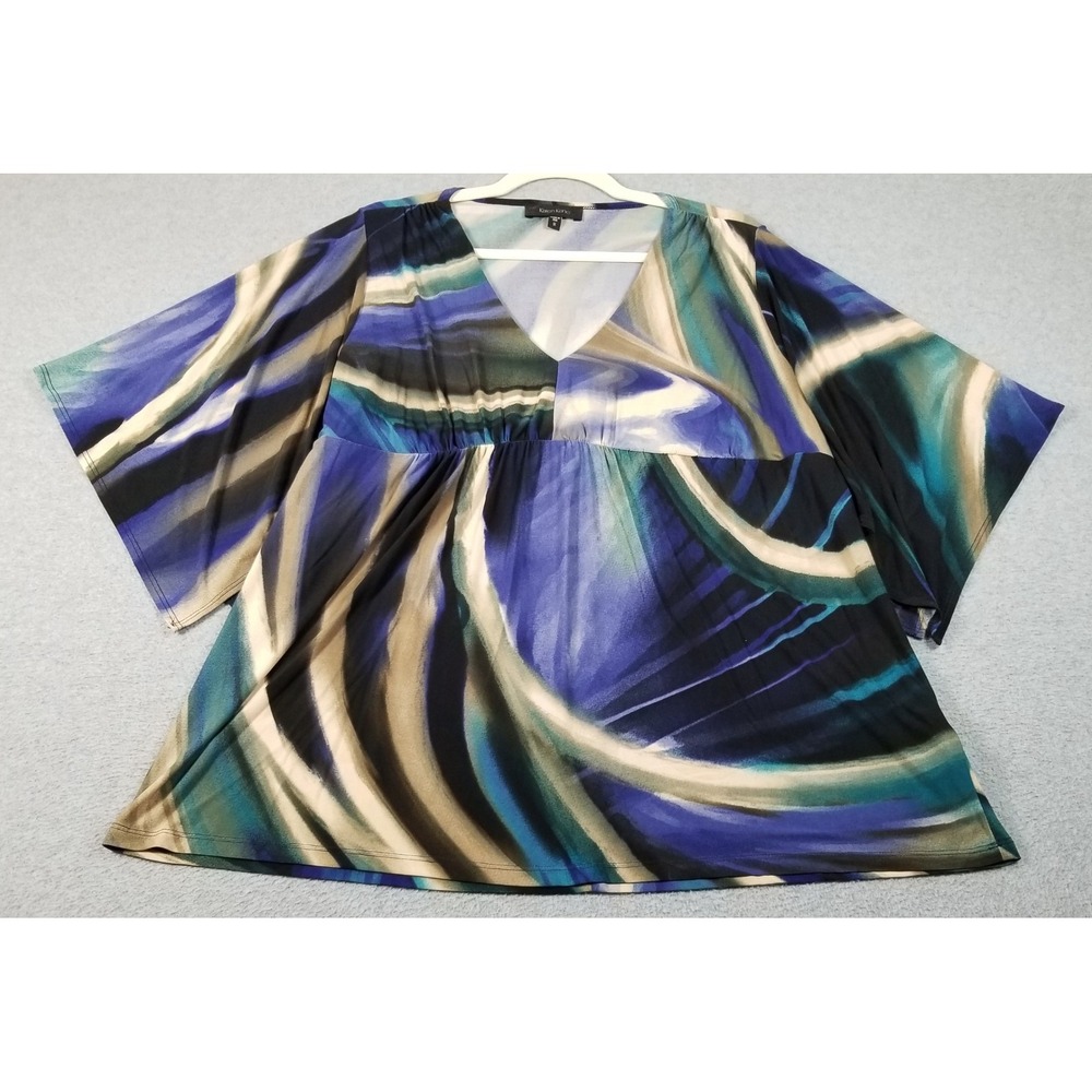 Karen Kane Blouse Women 1X Plus Swirls Abstract V-Neck Short Sleeve Empire Waist